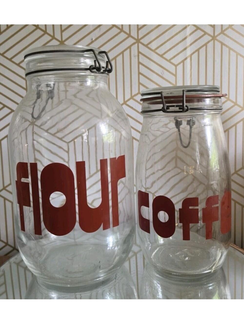 Vintage Triomphe Set Of Glass Coffee & Tea Canister Jars W/ Brown Text Bale Lids